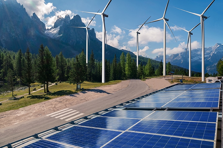 Solar panel and wind turbine farm clean energy
