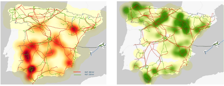Geographical distribution of solar (left) and wind power plants (right)